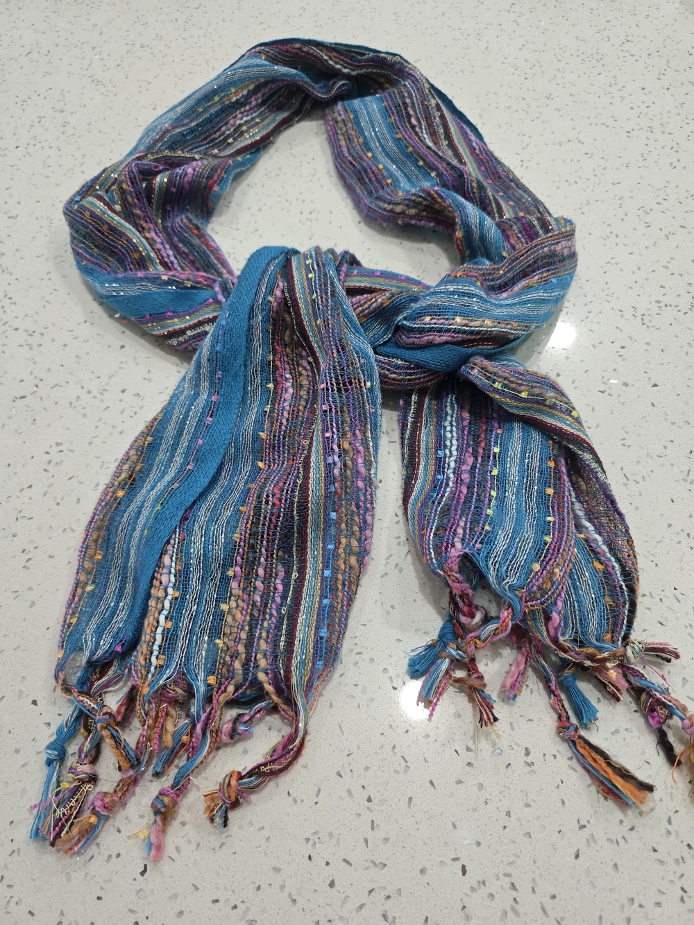 Blue Multi-Stripe Women's Scarf with Fringe